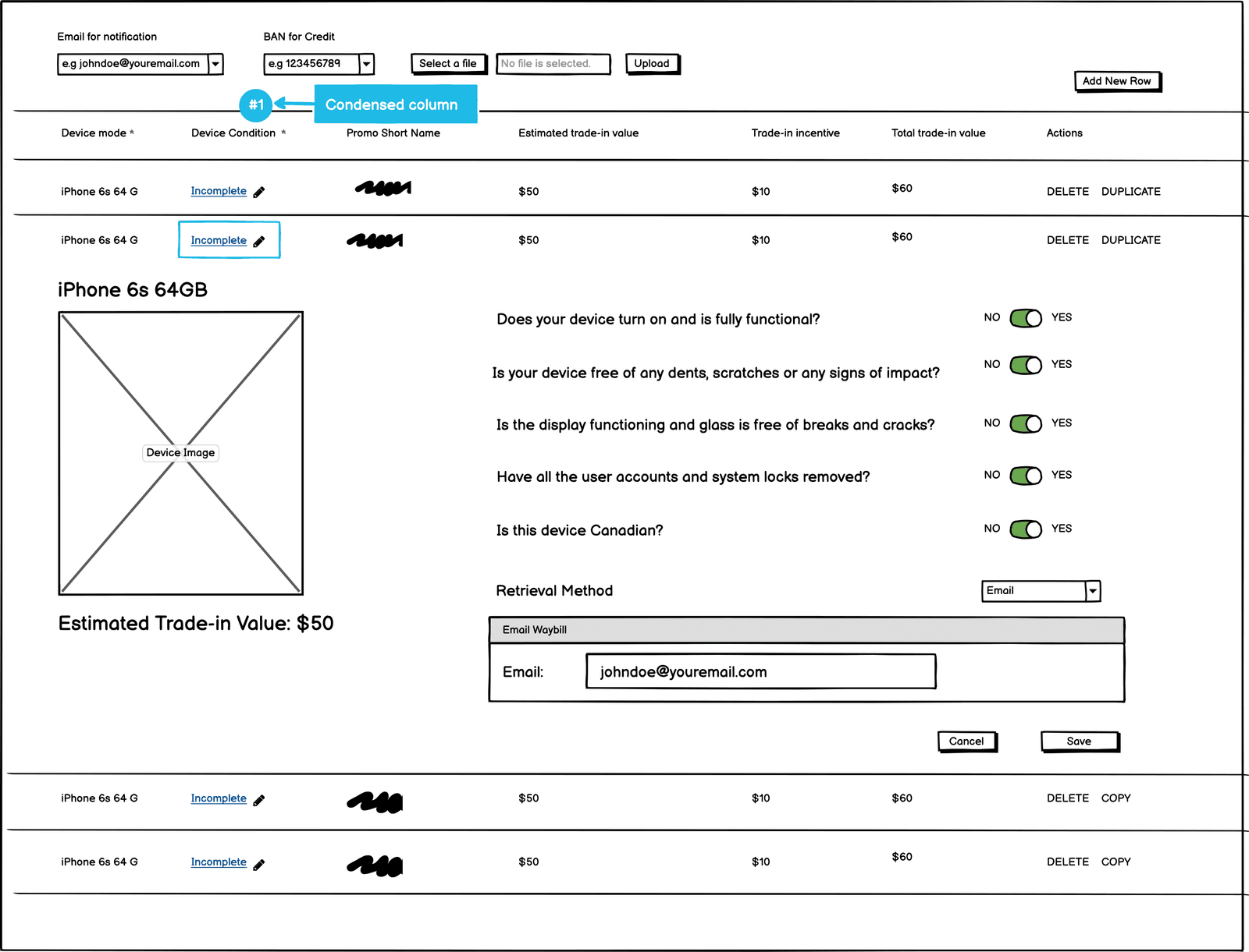 Annotated wireframe of the condensed Device Condition column: an Incomplete status link expands into the full device questionnaire with yes/no toggles and a retrieval method