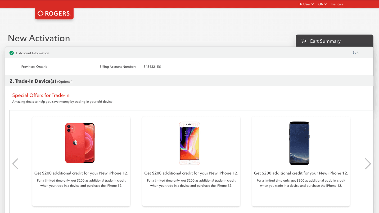 Final Rogers-branded design: the New Activation flow with the optional Trade-In Devices step showing a Special Offers carousel of three device promotions