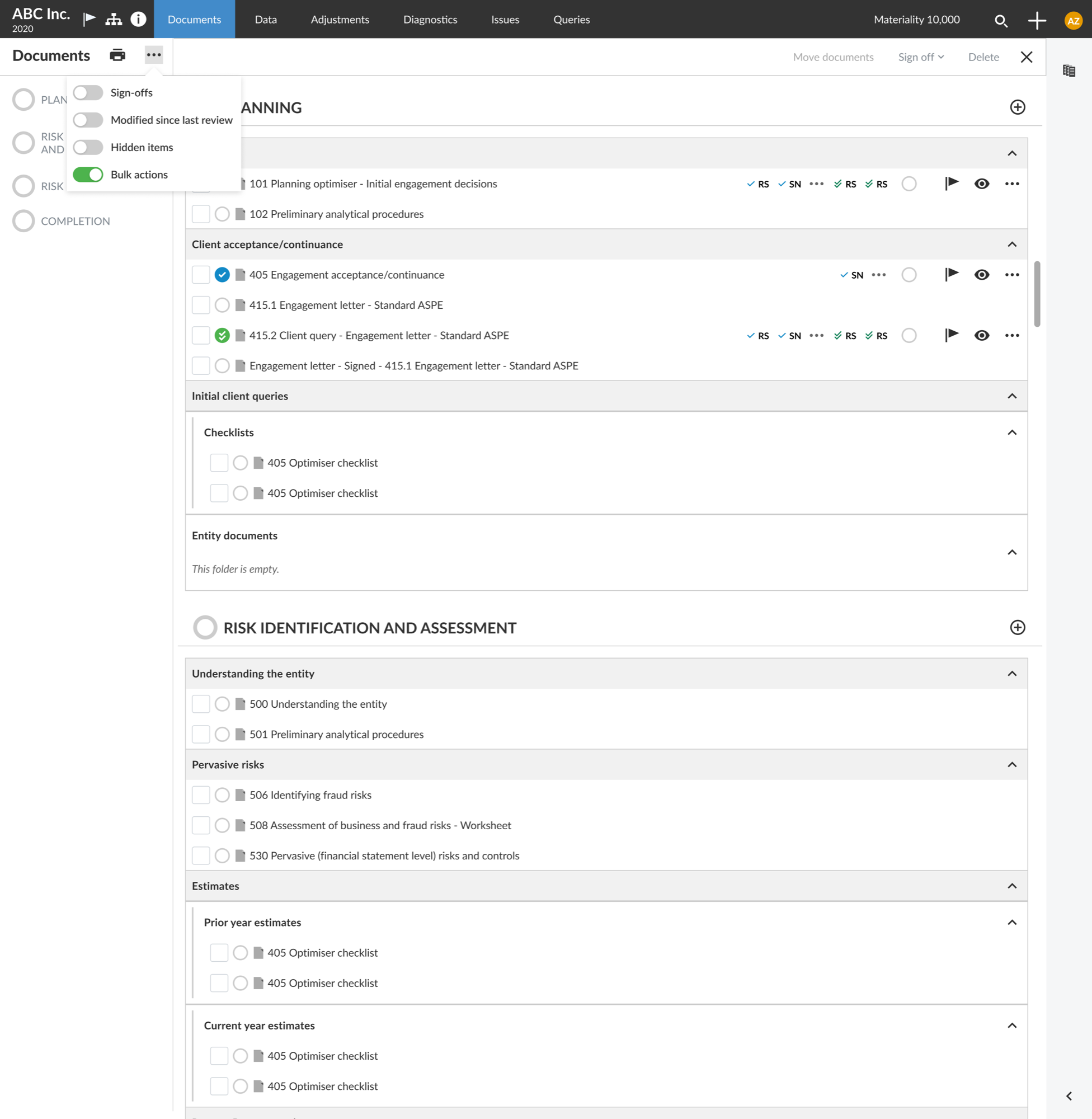 Documents screen with bulk selection toggles and checklist