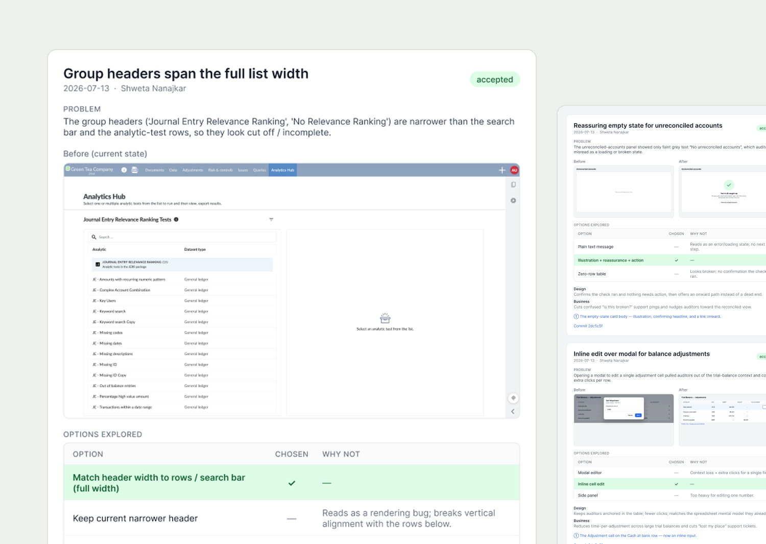 A published decision card in Figma showing the problem, a before screenshot, and an options-explored table, next to a Decision Log page filling up with more cards