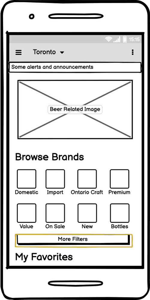 Home screen wireframe with Browse Brands category tiles and a highlighted More Filters button below the grid