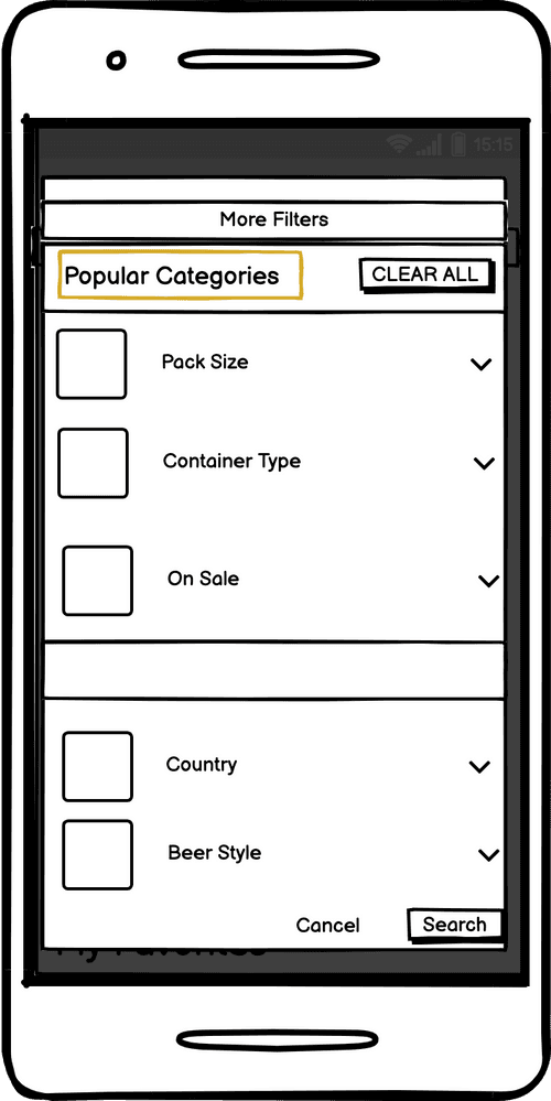 Pop-up screen wireframe listing popular filter categories: pack size, container type, on sale, country, beer style