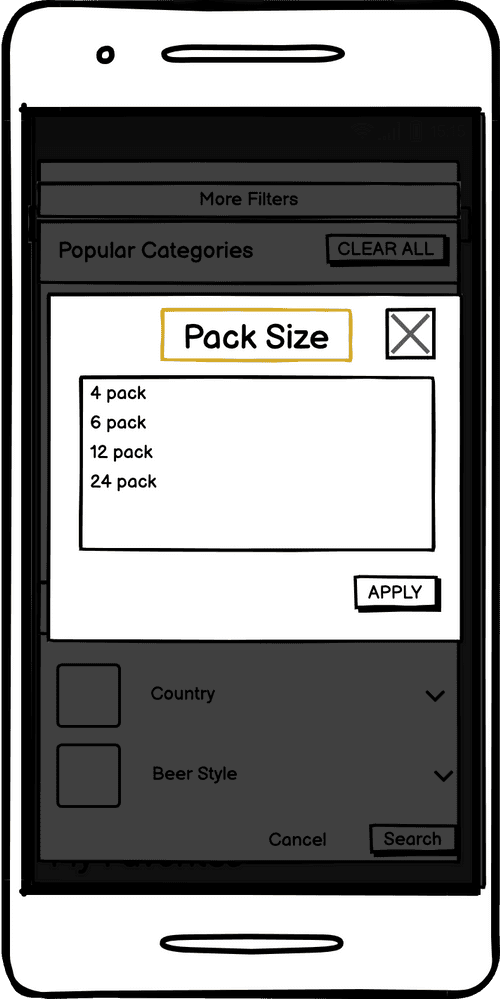 Second-level filter wireframe: a Pack Size drill-down listing 4, 6, 12, and 24 pack options with an Apply button