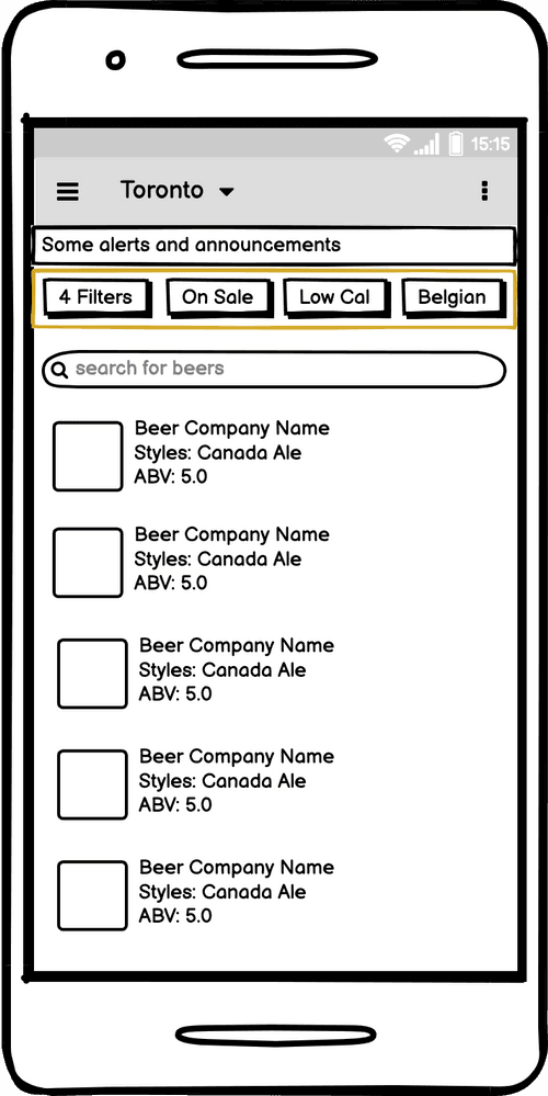 Search results wireframe with applied filter chips: 4 Filters, On Sale, Low Cal, Belgian, above the beer list