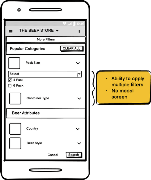 Wireframe of the More Filters screen annotated with feedback: ability to apply multiple filters, no modal screen