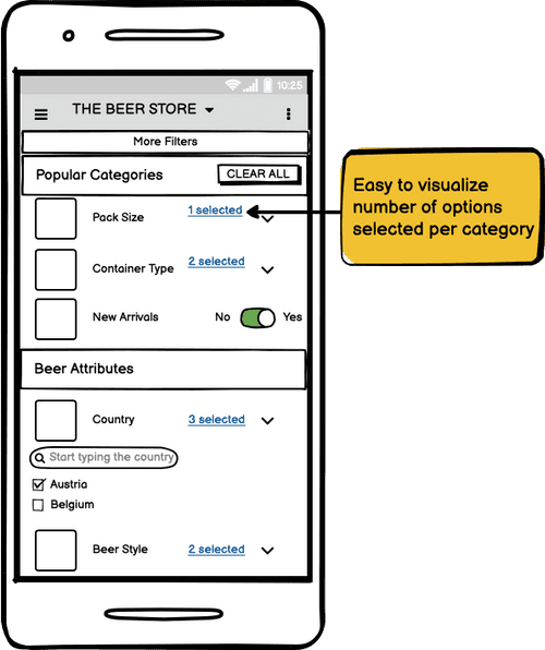 Wireframe annotated with feedback: easy to visualize the number of options selected per category