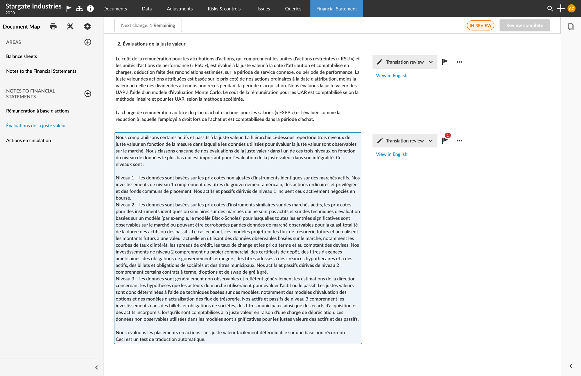 Financial document editor with in-app translation review controls